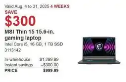 Costco MSI Thin 15 15.6-in. gaming laptop offer
