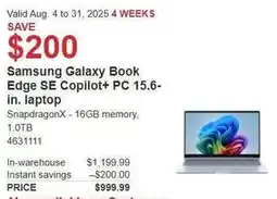 Costco Samsung Galaxy Book Edge SE Copilot+ PC 15.6 in.laptop offer