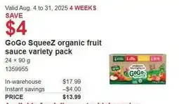 Costco GoGo squeeZ organic fruit sauce variety pack offer