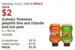 Costco Culinary Treasures jalapeño lime and chipotle aioli mix pack offer