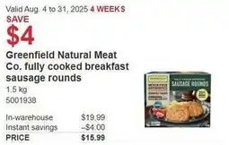 Costco Greenfield Natural Meat Co. fully cooked breakfast sausage rounds offer