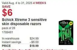 Costco Schick Xtreme 3 sensitive skin disposable razors offer