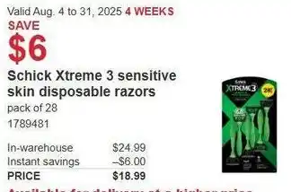 Costco Schick Xtreme 3 sensitive skin disposable razors offer