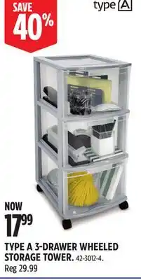 Canadian Tire TYPE A 3-DRAWER WHEELED STORAGE TOWER offer