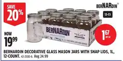 Canadian Tire BERNARDIN DECORATIVE GLASS MASON JARS WITH SNAP LIDS, 1L, 12-COUNT offer