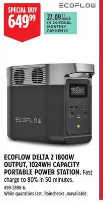 Canadian Tire ECOFLOW DELTA 2 1800W OUTPUT, 1024WH CAPACITY PORTABLE POWER STATION offer