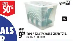 Canadian Tire TYPE A 72L STACKABLE CLEAR TOTE offer