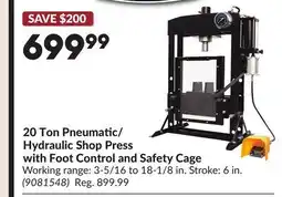 Princess Auto 20 Ton Pneumatic/ Hydraulic Shop Press with Foot Control and Safety Cage offer