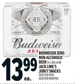 Metro Budweiser zero non-alcoholic beer or jack link's jerky snacks offer
