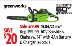 Canadian Tire Greenworks 60V Chainsaw, 14 with 4Ah Battery & Charge offer