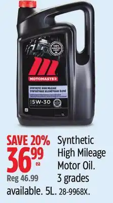 Canadian Tire Motomaster Synthetic High Mileage Motor Oil. 3 grades offer