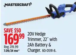 Canadian Tire Mastercraft 20V Hedge Trimmer 22 with 2.0Ah Battery & Charger offer