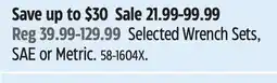 Canadian Tire Mastercraft Selected Wrench Sets, SAE or Metric offer