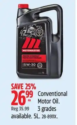 Canadian Tire Motomaster Conventional Motor Oil. 3 grades offer