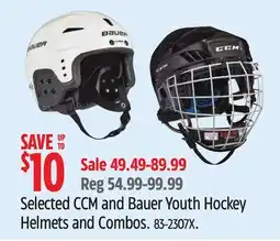 Canadian Tire Selected CCM and Bauer Youth Hockey Helmets and Combos offer