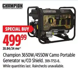 Canadian Tire Champion 3650W/4550W Camo Portable Generator w/CO Shield offer