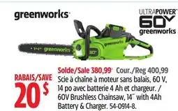Canadian Tire Greenworks 60V Brushless Chainsaw,14 with 4Ah Battery & Charger offer