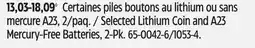 Canadian Tire Selected Lithium Coin and A23 Mercury-Free Batteries offer