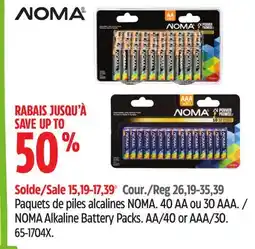 Canadian Tire NOMA Alkaline Battery Packs. AA/40 or AAA/30 offer