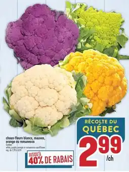 Marché Adonis CHOUX-FLEURS BLANCS, MAUVES, ORANGE OU ROMANESCO | WHITE, PURPLE, ORANGE OR ROMANESCO CAULIFLOWER offer