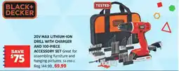 Canadian Tire Black+ Decker 20v max lithium-ion drill with charger and 100-piece accessory set offer