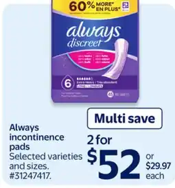 Walmart Always incontinence pads offer