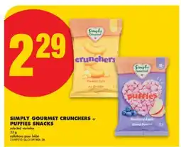 No Frills SIMPLY GOURMET CRUNCHERS or PUFFIES SNACKS, 32 g offer