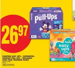 No Frills PAMPERS EASY UPS OR GOODNITES, HUGGIES PULL UPS OR NINJAMAS CLUB PACK TRAINING PANTS, 24-74's offer