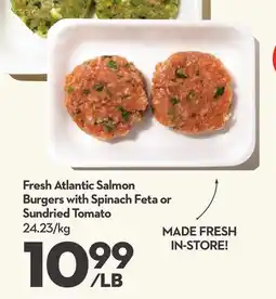 Longo's Fresh Atlantic Salmon Burgers with Spinach Feta or Sundried Tomato offer