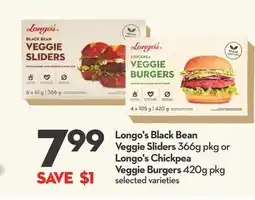 Longo's Black Bean Veggie Sliders 366g pkg or Chickpea Veggie Burgers 420g pkg offer