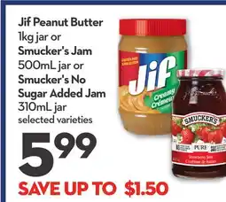 Longo's Jif Peanut Butter 1kg jar or Smucker's Jam 500mL jar or Smucker's No Sugar Added Jam 310mL jar offer