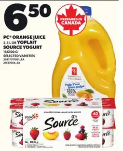 Loblaws PC ORANGE JUICE, 2.5 L OR YOPLAIT SOURCE YOGURT, 16 x 100 G offer