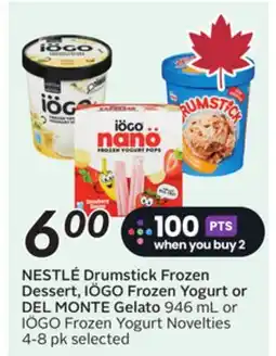 Sobeys NESTLÉ Drumstick Frozen Dessert, IÖGO Frozen Yogurt or DEL MONTE Gelato offer