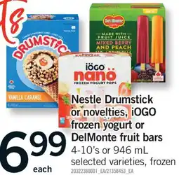 Fortinos NESTLE DRUMSTICK OR NOVELTIES, IOGO FROZEN YOGURT OR DELMONTE FRUIT BARS, 4-10's or 946 mL offer