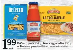 Fortinos DECECCO PASTA 454 G, AURORA EGG NOODLES 250 G OR MOLISANA PASSATA 680 ML offer