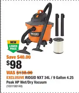 Home Depot EXCLUSIVE RIDGID NXT 34L / 9 Gallon 4.25 Peak HP Wet/Dry Vacuum offer