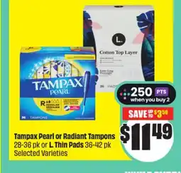 FreshCo Tampax Pearl or Radiant Tampons 28-36 pk or L. Thin Pads 36-42 pk Selected Varieties offer