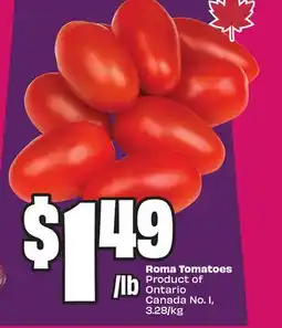 Chalo FreshCo Roma Tomatoes Product of Ontario Canada No. 1, 3.28/kg offer