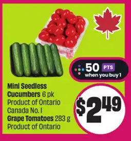 Chalo FreshCo Mini Seedless Cucumbers 6 pk Product of Ontario Canada No. 1 Grape Tomatoes 283 g Product of Ontario offer