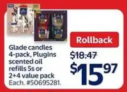 Walmart Glade candles 4-pack, Plugins scented oil refills 5s or 2+4 value pack offer