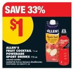 No Frills ALLEN'S FRUIT COCKTAIL or POWERADE SPORT DRINKS offer