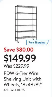 Walmart FDW 6-Tier Wire Shelving Unit with Wheels, 18x48x82 offer