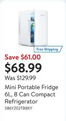 Walmart Mini Portable Fridge 6L, 8 Can Compact Refrigerator offer