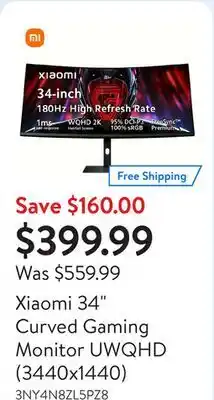 Walmart Xiaomi 34 Curved Gaming Monitor UWQHD (3440x1440) offer