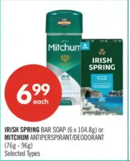 Shoppers Drug Mart IRISH SPRING BAR SOAP (6 x 104.8g) or MITCHUM ANTIPERSPIRANT/DEODORANT (76g - 96g) offer