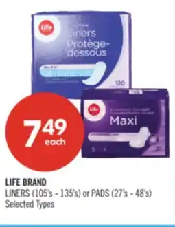 Shoppers Drug Mart LIFE BRAND LINERS (105's - 135's) or PADS (27's - 48's) offer