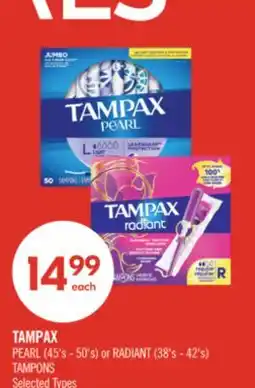Shoppers Drug Mart TAMPAX PEARL (45's - 50's) or RADIANT (38's - 42's) TAMPONS offer