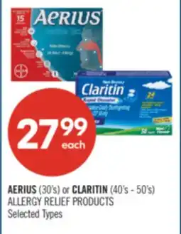 Shoppers Drug Mart AERIUS (30's) or CLARITIN (40's - 50's) ALLERGY RELIEF PRODUCTS offer
