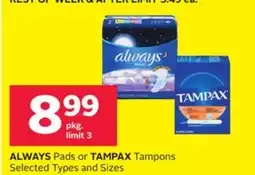 Rexall ALWAYS Pads or TAMPAX Tampons offer
