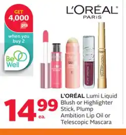 Rexall L' ORÉAL Lumi Liquid Blush or Highlighter Stick, Plump Ambition Lip Oil or Telescopic Mascara offer
